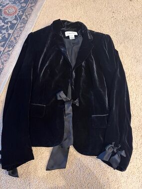 Calvin Klein Black Velvet Tie-Front Blazer with Bow Cuffs